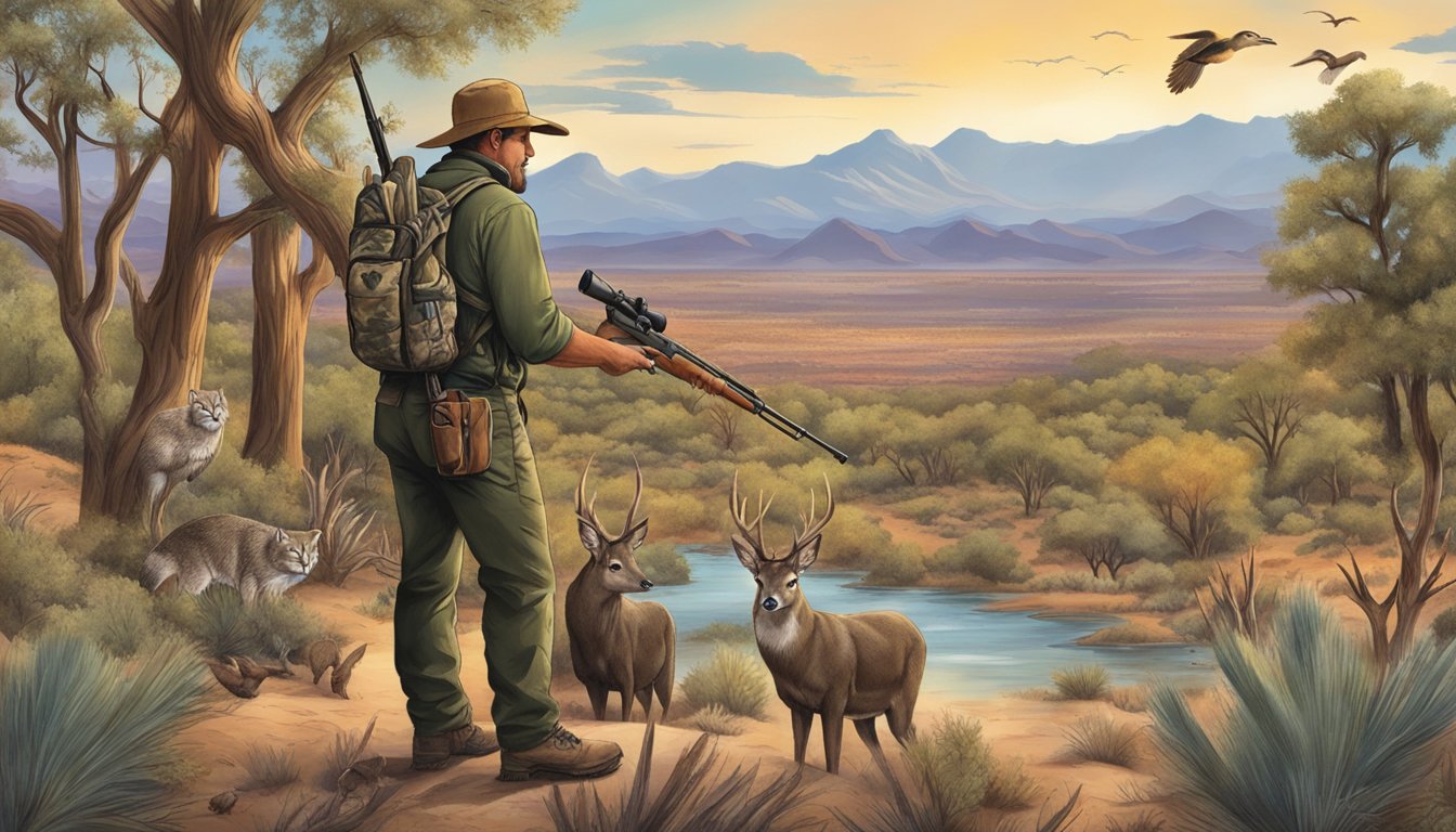 A hunter holding a certificate surrounded by Arizona wildlife and nature scenes