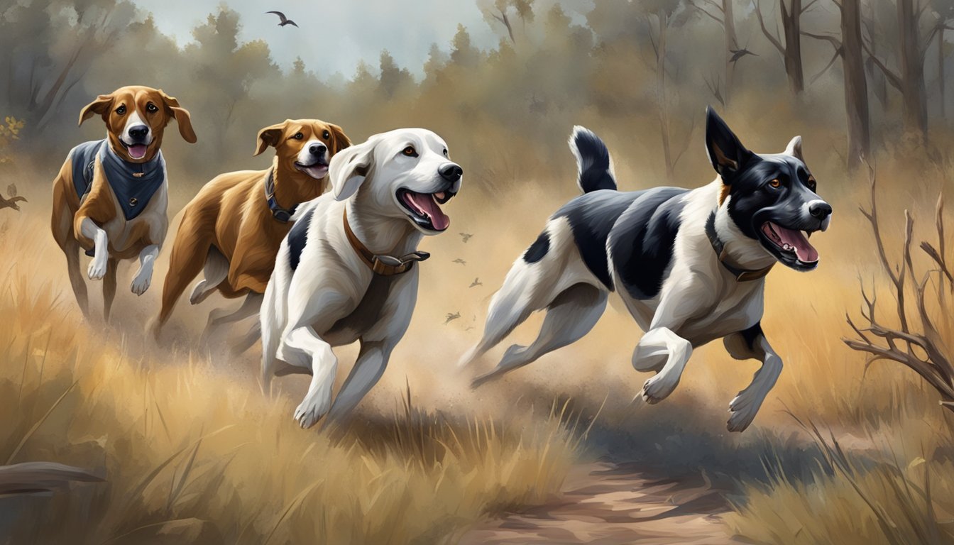 A group of hunting dogs chasing after popular game species in the Oklahoma wilderness