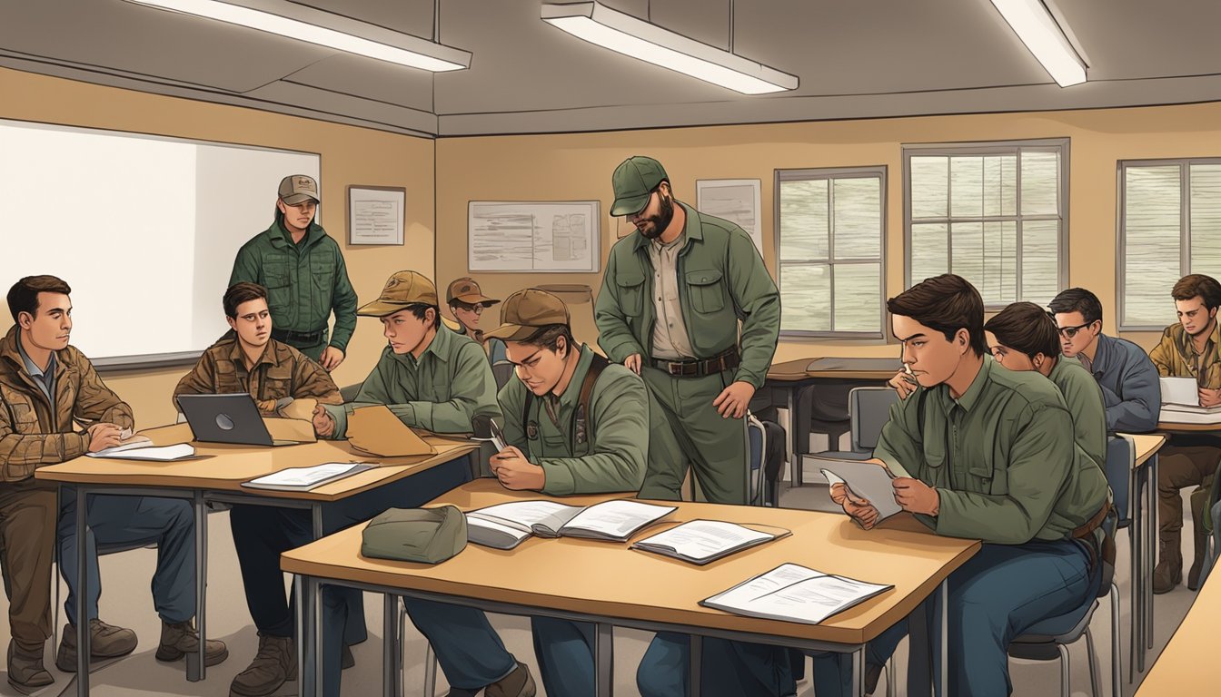 A group of hunters studying Arizona hunting laws and ethical considerations in a classroom setting