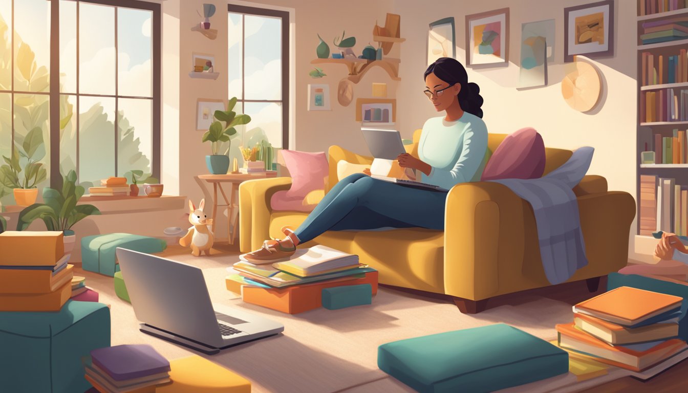 A mother reading various mom blogs on her laptop, surrounded by toys and children's books in a cozy living room with natural light streaming in through the windows