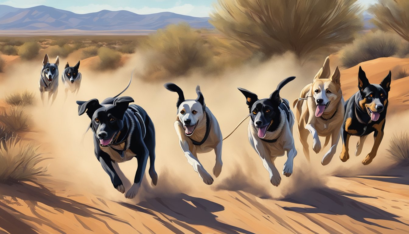 A pack of hunting dogs running through the desert landscape of New Mexico, their noses to the ground as they search for prey