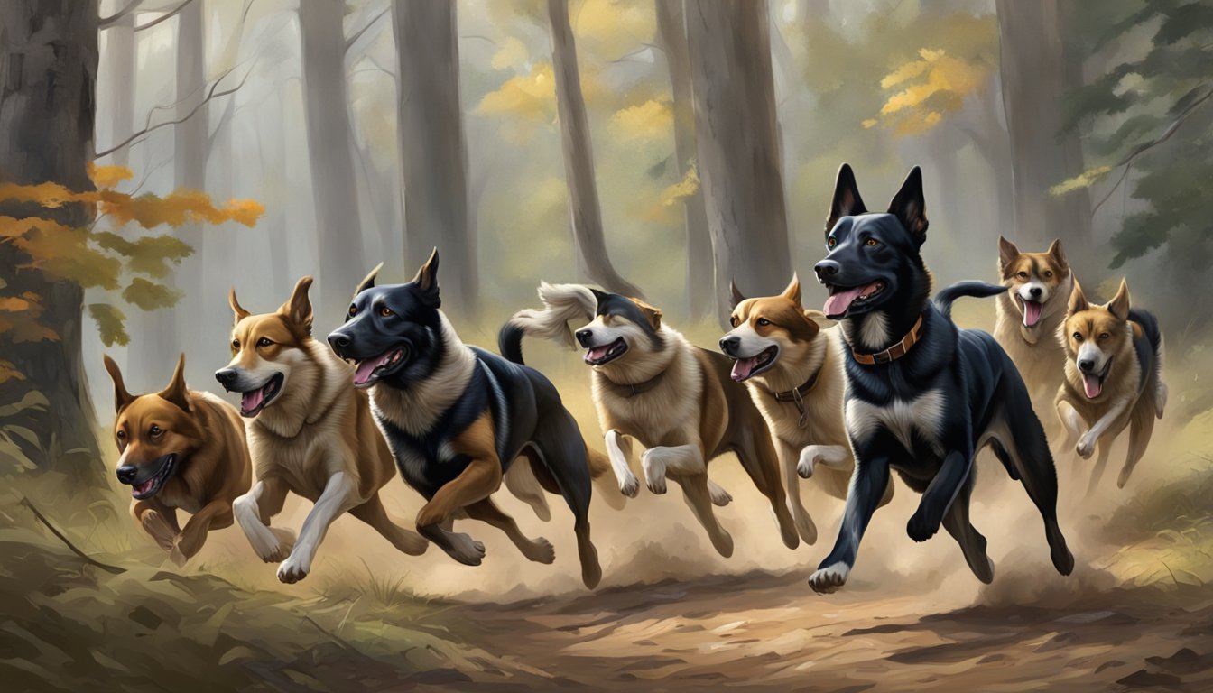 A pack of energetic hunting dogs eagerly chase after game through the dense Oklahoma woodland, their keen senses and agile bodies perfectly suited for the task