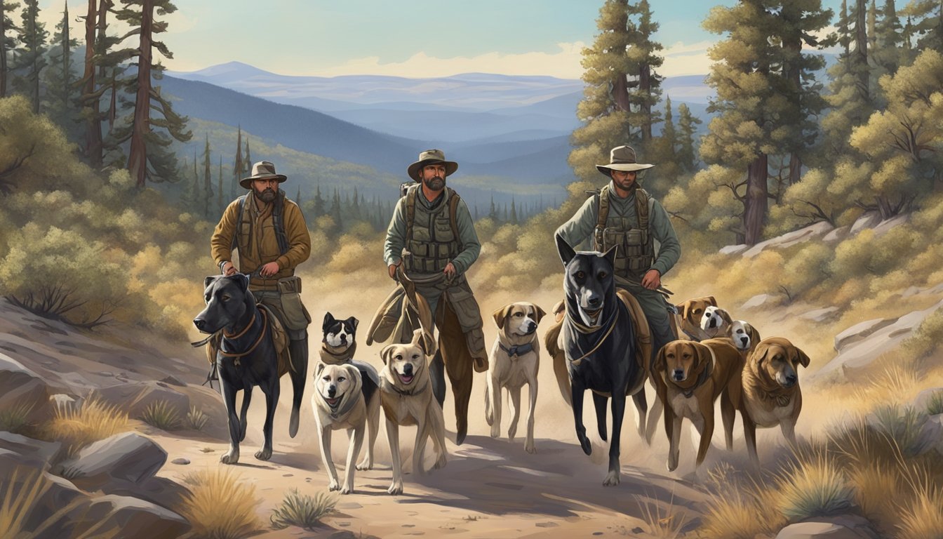 A hunter with a pack of dogs traversing the New Mexico wilderness, following regulations and ethical guidelines for hunting