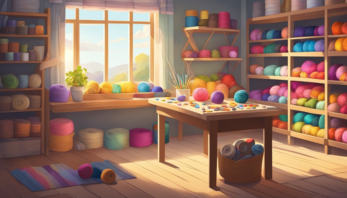 A cozy craft room with shelves of colorful yarn, bins of buttons, and a table covered in fabric and thread. Sunlight streams in through a window, casting a warm glow on the creative space