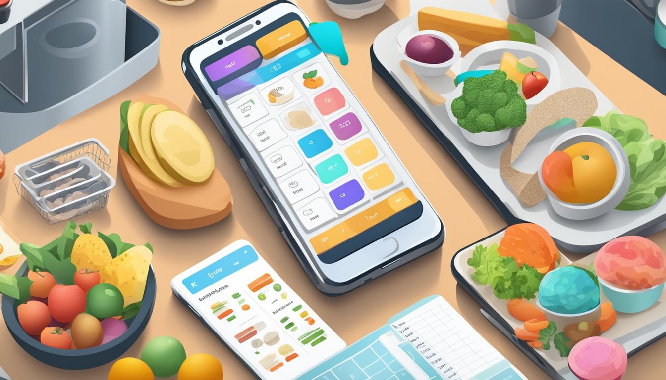 A busy kitchen counter with a smartphone displaying a meal planning app, surrounded by grocery lists and colorful food items