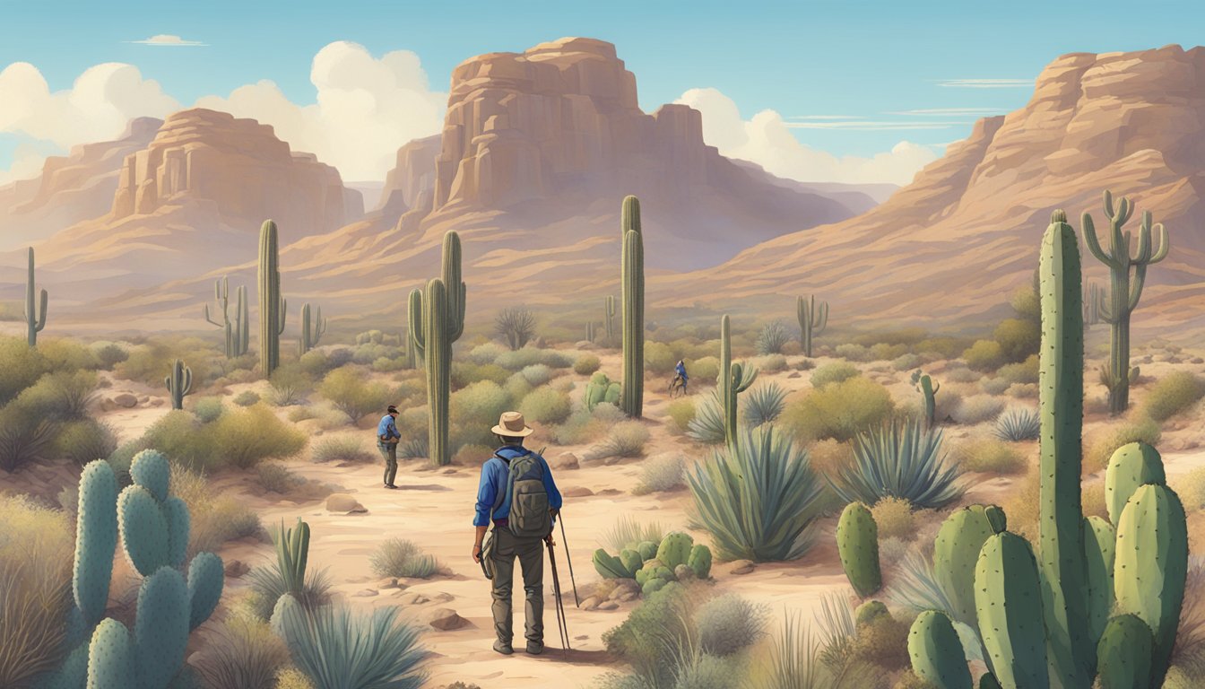 A desert landscape with a hunter education class in session, featuring cacti, rugged terrain, and a clear blue sky