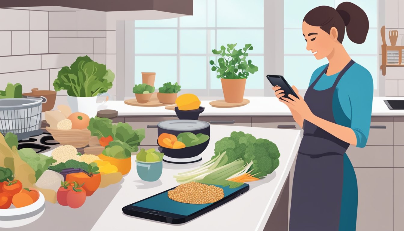 A busy kitchen with ingredients laid out, a smartphone displaying a meal planning app, and a multitasking super mom preparing meals