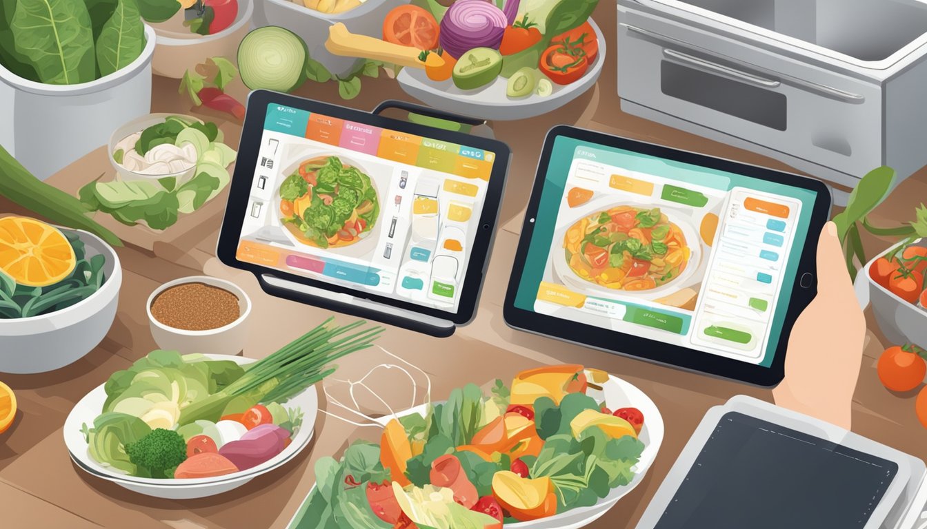 A busy kitchen with a tablet displaying a meal planning app, surrounded by fresh ingredients and cooking utensils