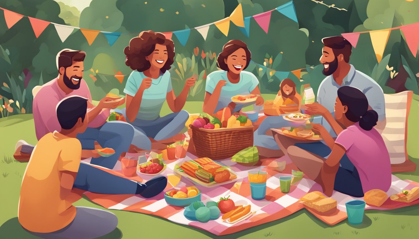 A backyard picnic with colorful blankets, a spread of food, and family members laughing and playing games together