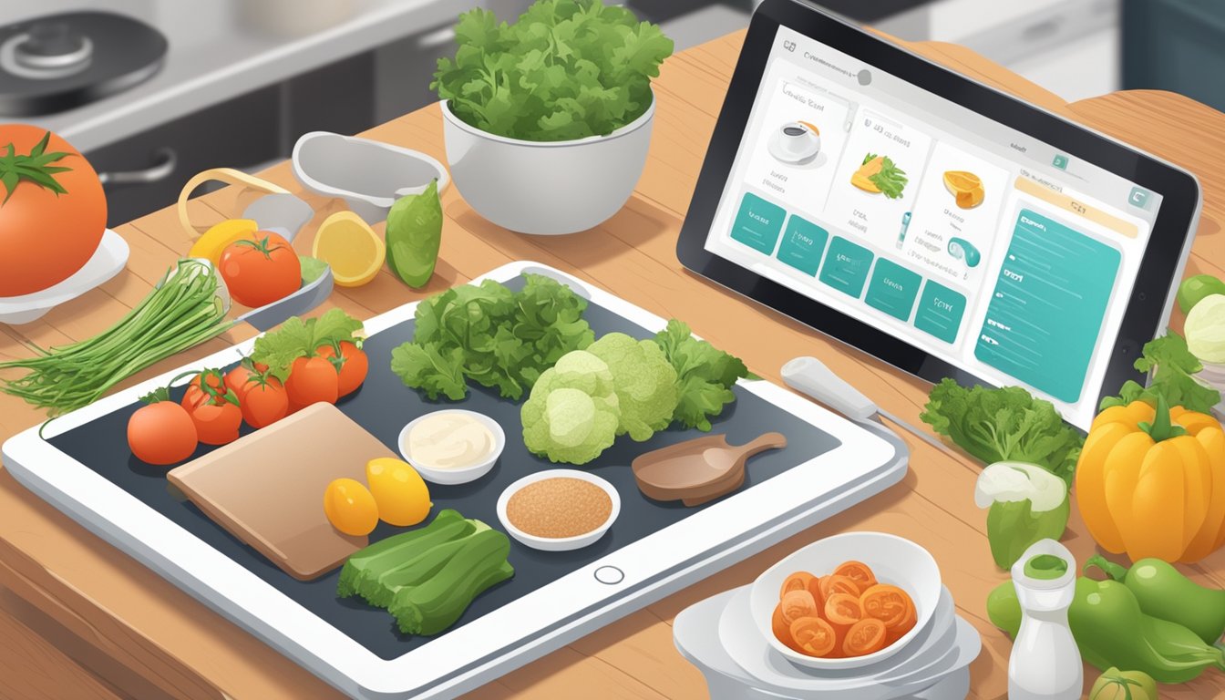 A busy kitchen with a tablet displaying a meal planning app, surrounded by fresh ingredients and cooking utensils