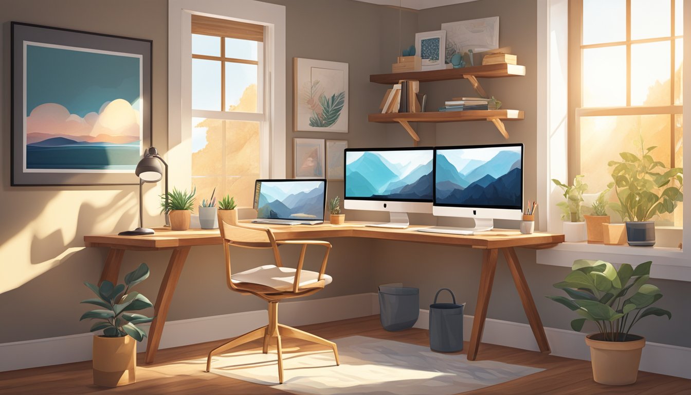 A cozy home office with a desk, laptop, and inspirational wall art. Sunlight streams in through the window, casting a warm glow on the space