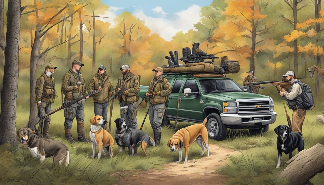 Dogs and hunters gear up in a wooded area in Oklahoma for a hunting trip