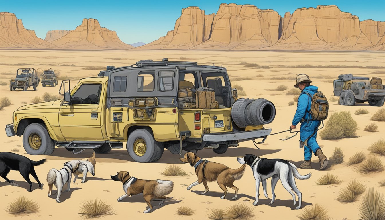 Dogs searching for gear in New Mexico desert