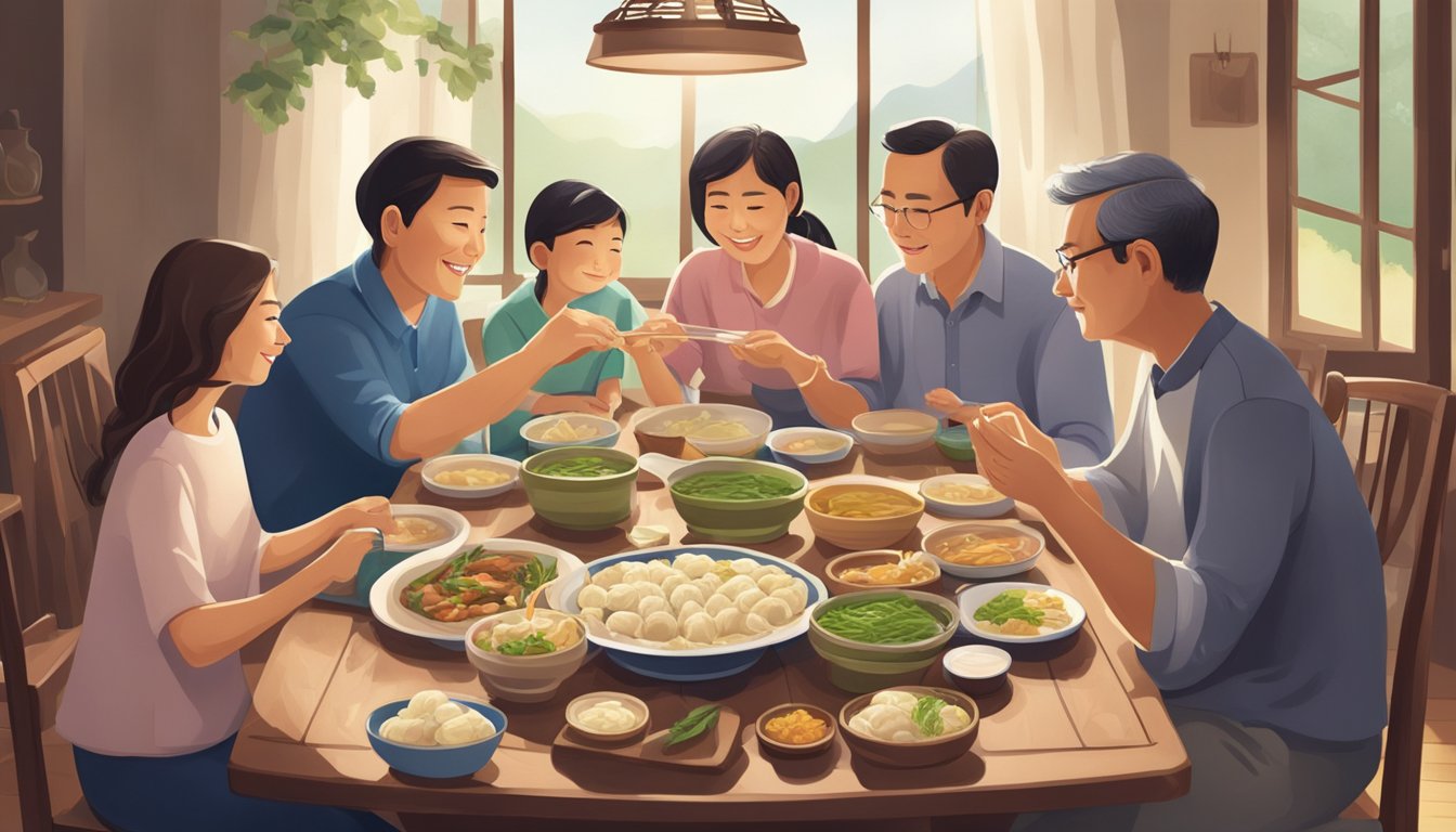 A family gathered around a table, sharing a meal of dumplings, symbolizing unity and tradition in their social and family life