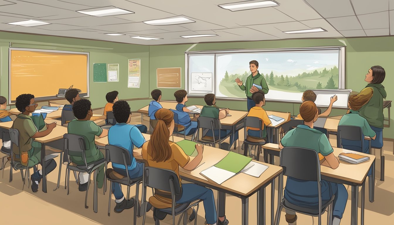 A group of students sit in a classroom, listening to an instructor discuss hunting safety and regulations. Visual aids and educational materials are displayed around the room