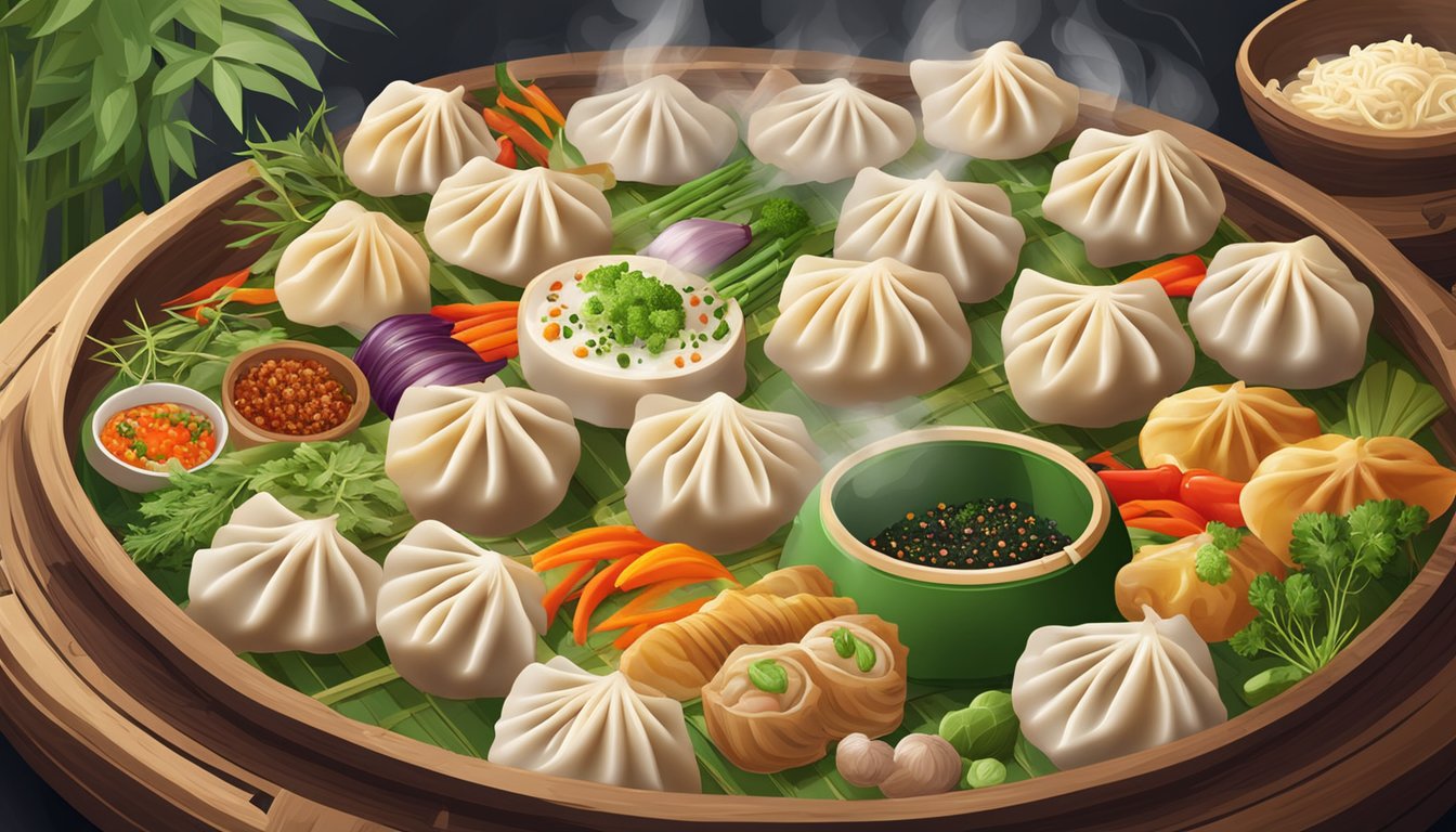 A colorful array of dumplings, filled with various meats and vegetables, steaming on a bamboo steamer, surrounded by vibrant herbs and spices