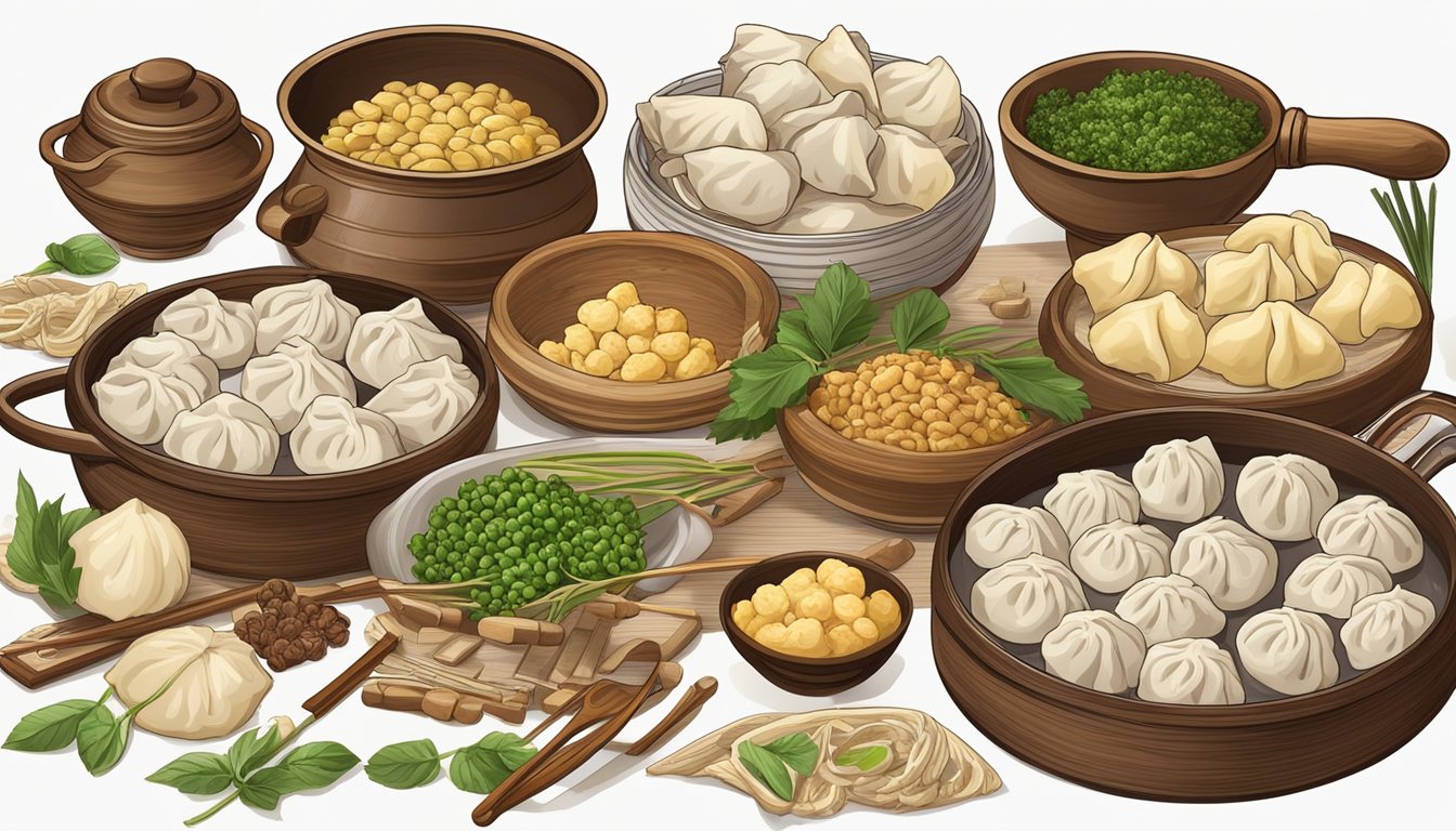 A table spread with various types of dumplings, surrounded by traditional cooking utensils and ingredients, symbolizing the rich culinary tradition and cultural significance of dumplings