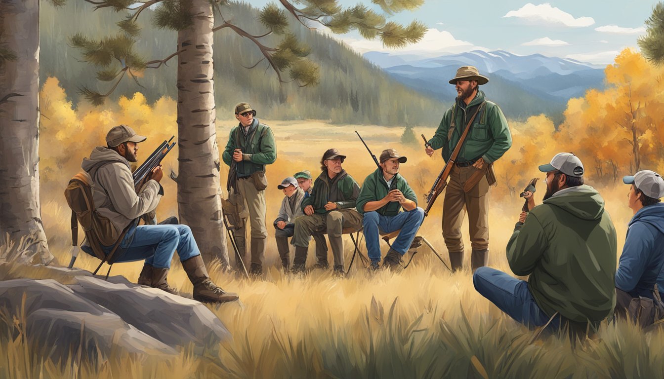 A group of people attending a hunter education class in Colorado, surrounded by nature and learning about wildlife and hunting safety