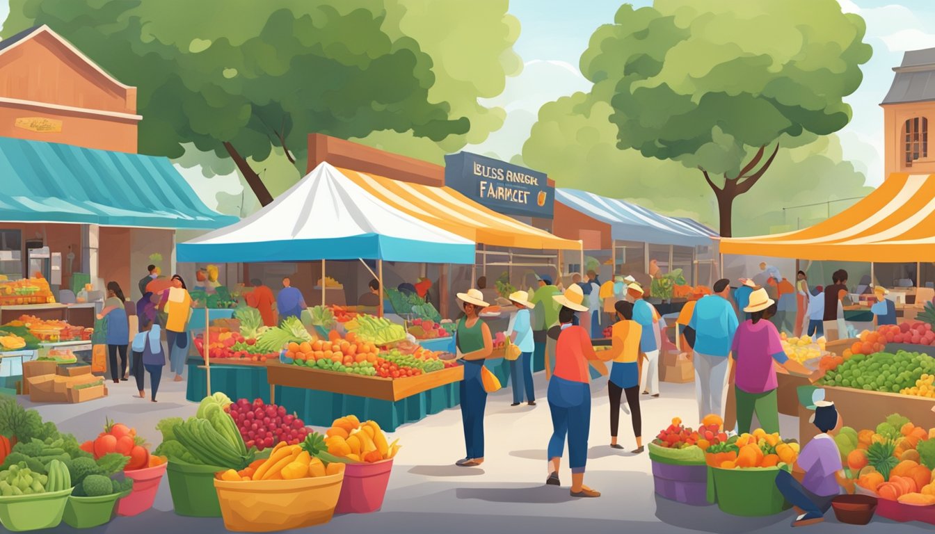 A bustling Texas farmers market with colorful produce, lively vendors, and families enjoying the vibrant atmosphere