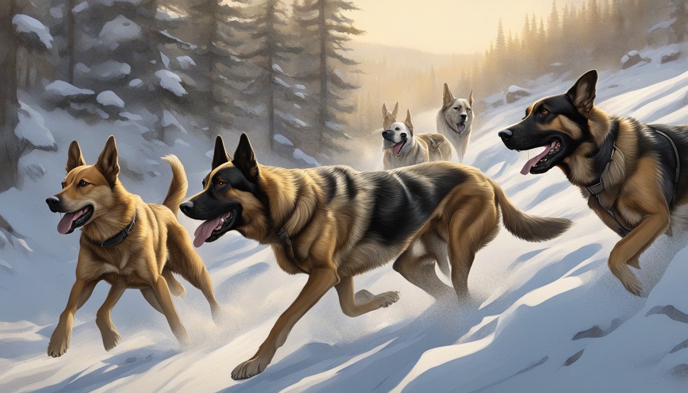 A pack of hunting dogs eagerly pursue a scent through the rugged North Dakota terrain, their noses to the ground as they search for game