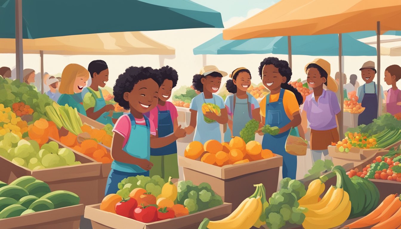 Children laughing and exploring colorful produce at a bustling Texas farmers market