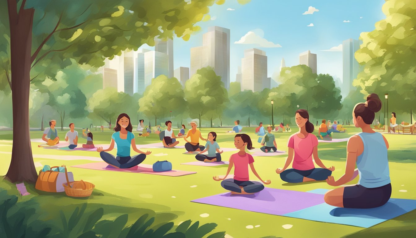 A sunny park with a family doing yoga, biking, and having a healthy picnic together