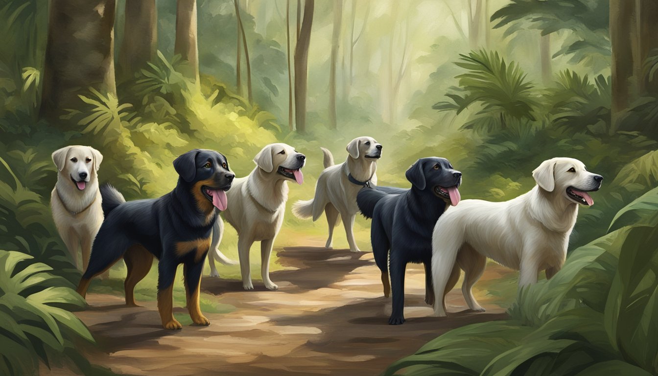 A group of Sato dogs are seen hunting together in the lush forests of Puerto Rico, their keen sense of smell and agile movements making them valuable companions to their human counterparts