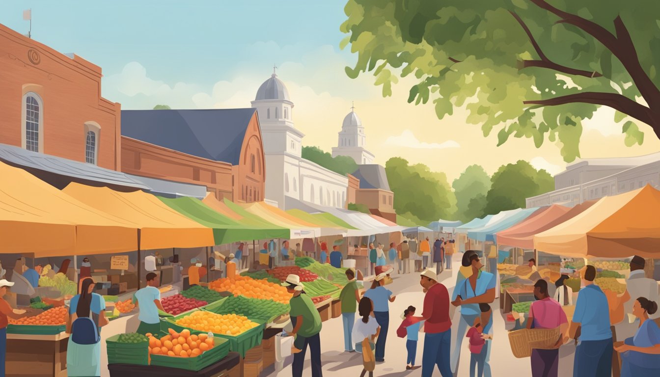 A bustling Texas farmers market with families exploring fresh produce, colorful stalls, and lively music, showcasing sustainable and local agriculture