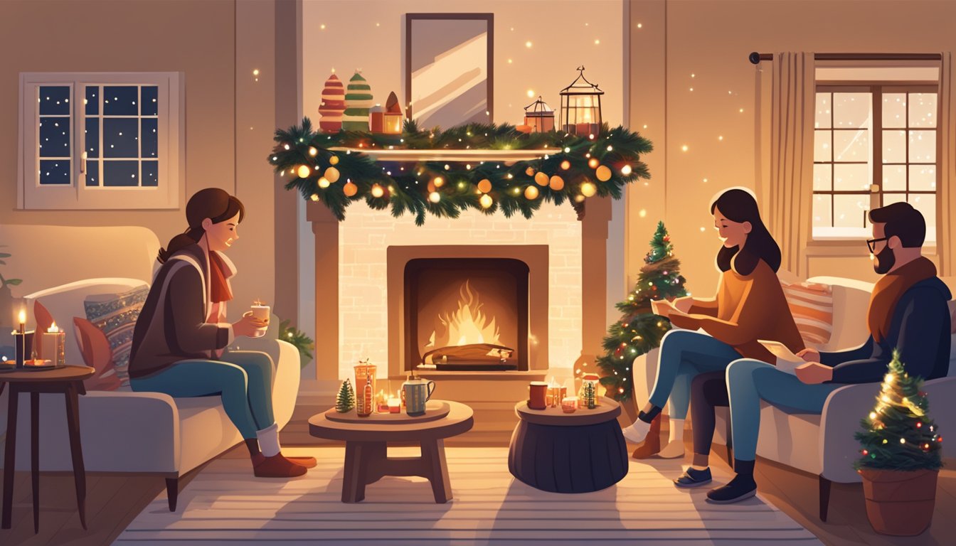 A cozy living room with a crackling fire, twinkling lights, and homemade decorations. Family members gather around a table, crafting ornaments and enjoying hot cocoa