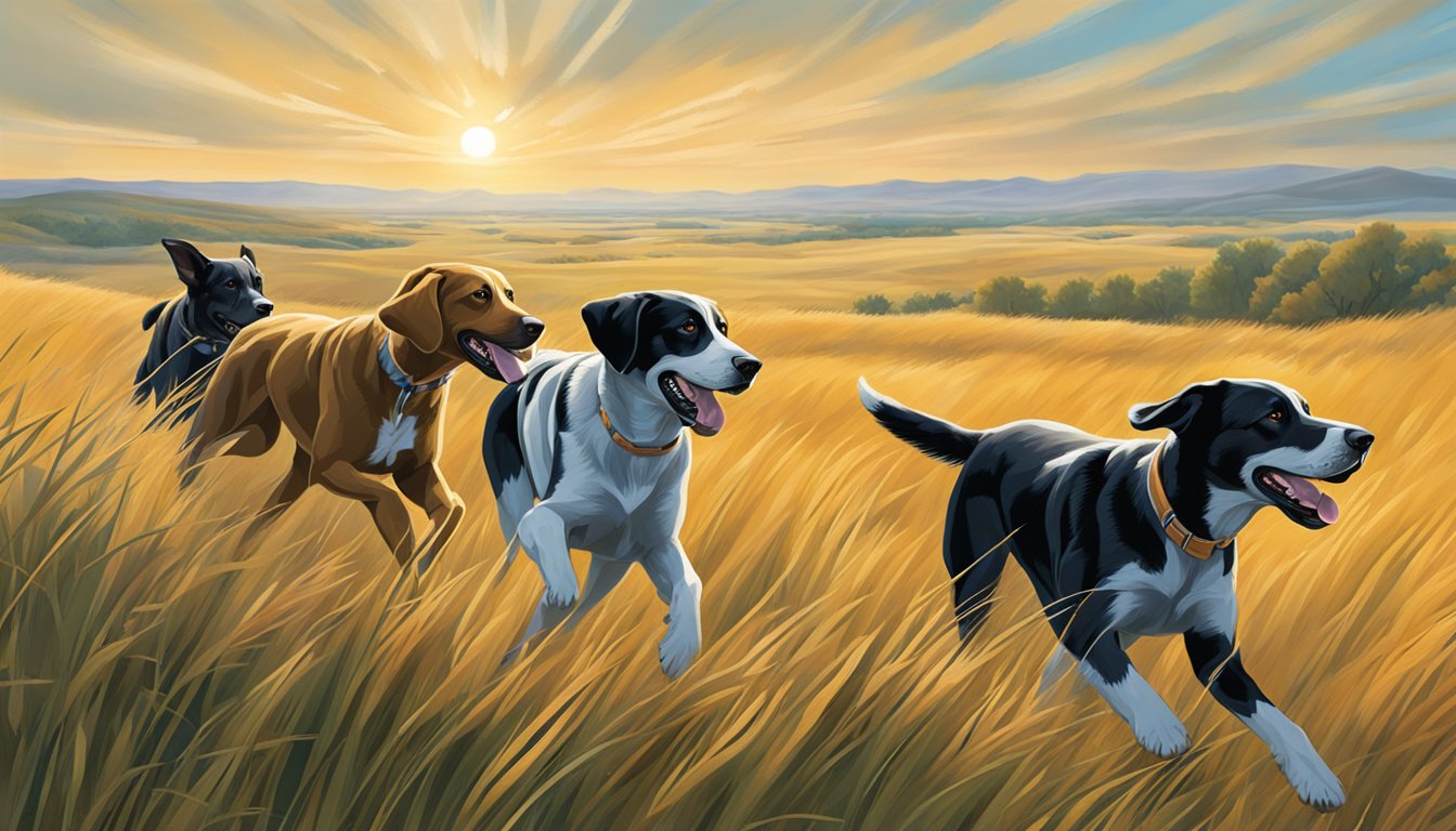 Hunting dogs in North Dakota running through tall grass, noses to the ground, with a backdrop of rolling hills and a vast sky