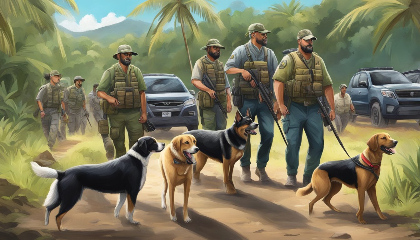 A group of dogs and their handlers participate in a hunt as part of an Animal Welfare Initiative in Puerto Rico