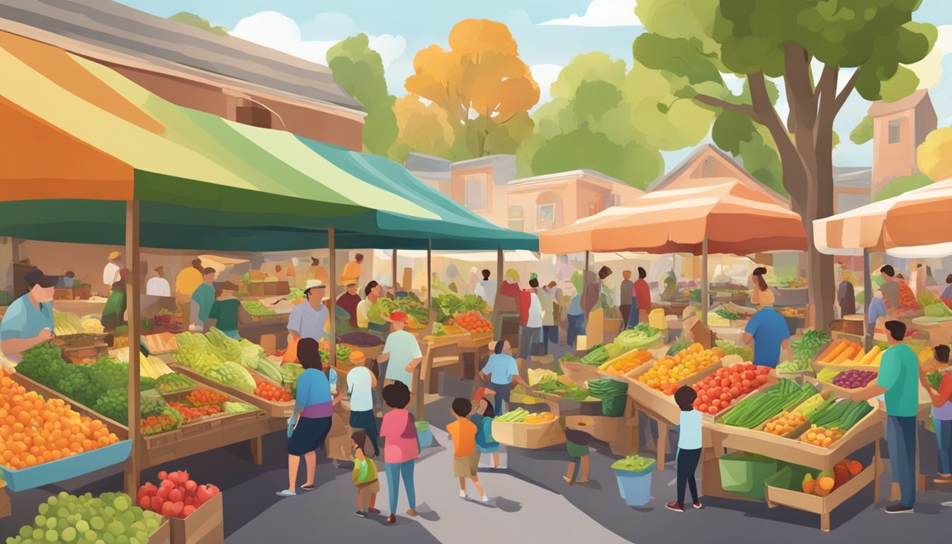 A bustling farmers market with colorful produce, smiling vendors, and families exploring the stalls. A lively atmosphere with children sampling fresh fruits and veggies