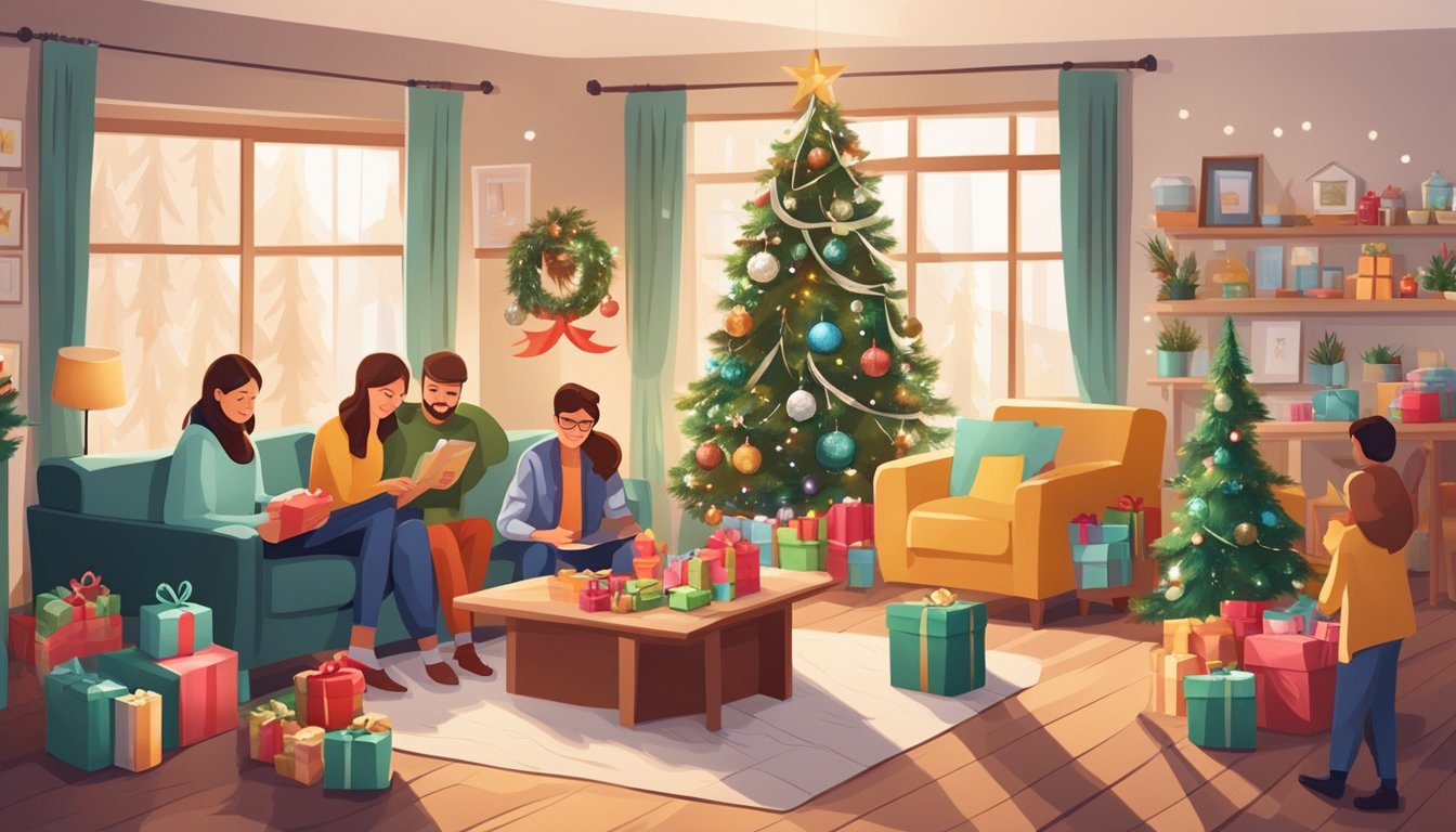 A cozy living room filled with handmade Christmas decorations and gifts, surrounded by a happy family engaged in budget-friendly holiday activities