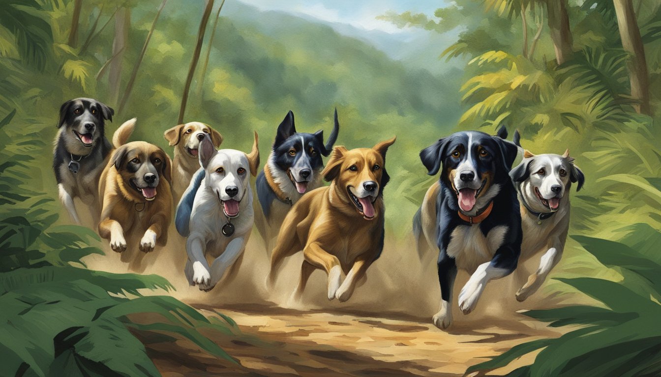 A pack of hunting dogs races through a lush Puerto Rican forest, their noses to the ground as they track their prey. The vibrant foliage and rugged terrain add to the excitement of the traditional sport