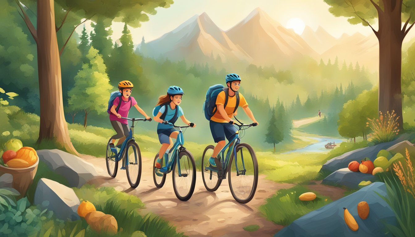 A family engaging in outdoor activities together, such as biking, hiking, and playing sports, surrounded by nature and healthy food options