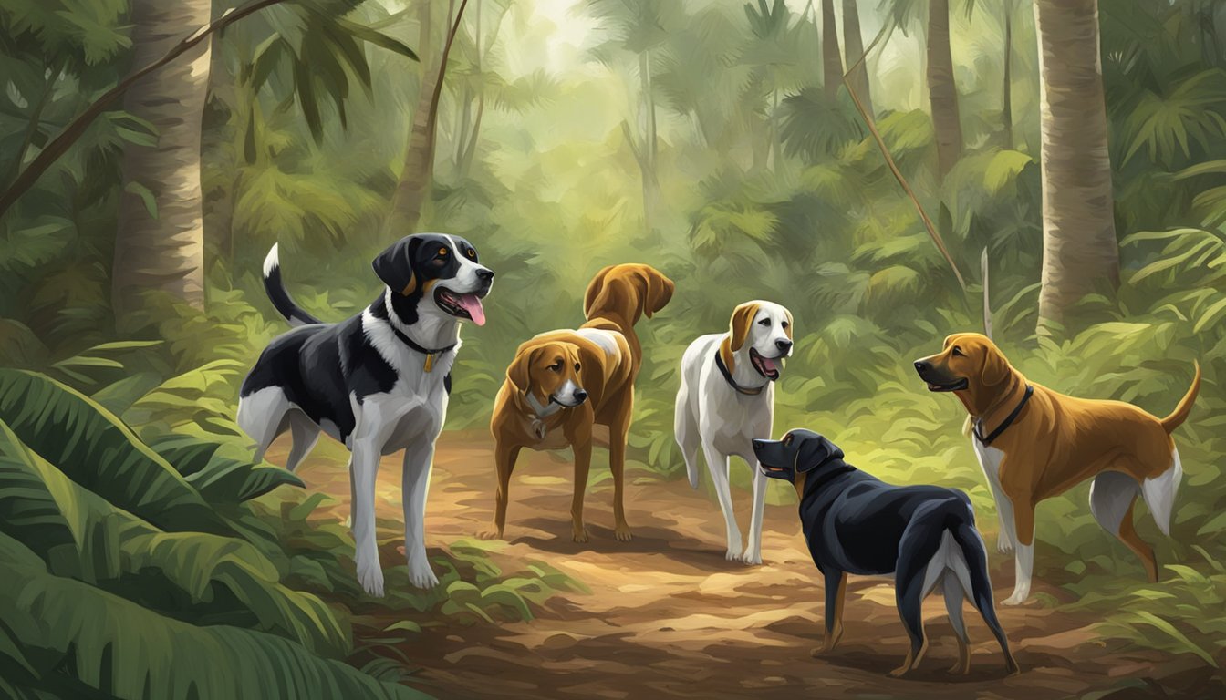 A pack of hunting dogs roam through a lush forest in Puerto Rico, their keen senses and agility making them valuable assets to the local hunters