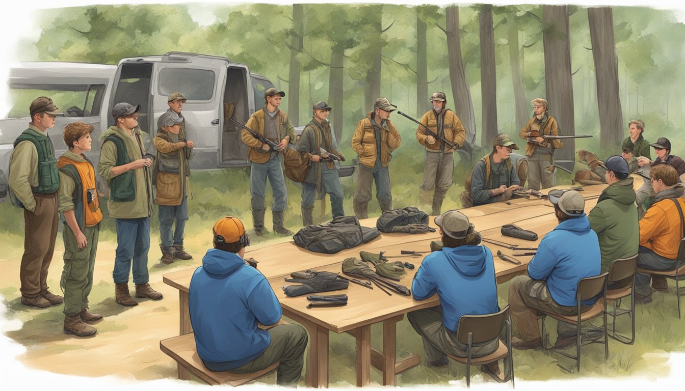 A hunter education class in session, with students listening to an instructor and examining hunting gear and safety equipment