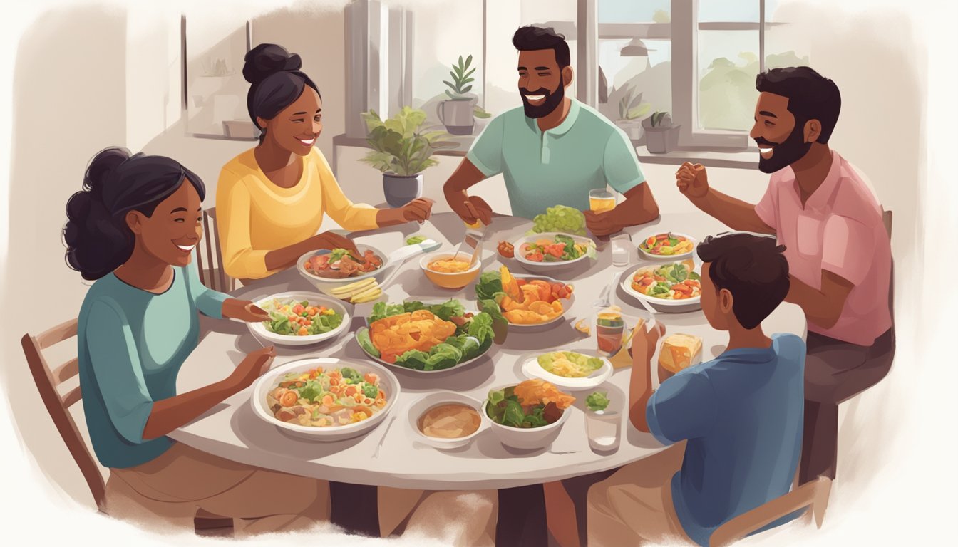 A family sitting around a table, engaging in conversation and enjoying a healthy meal together