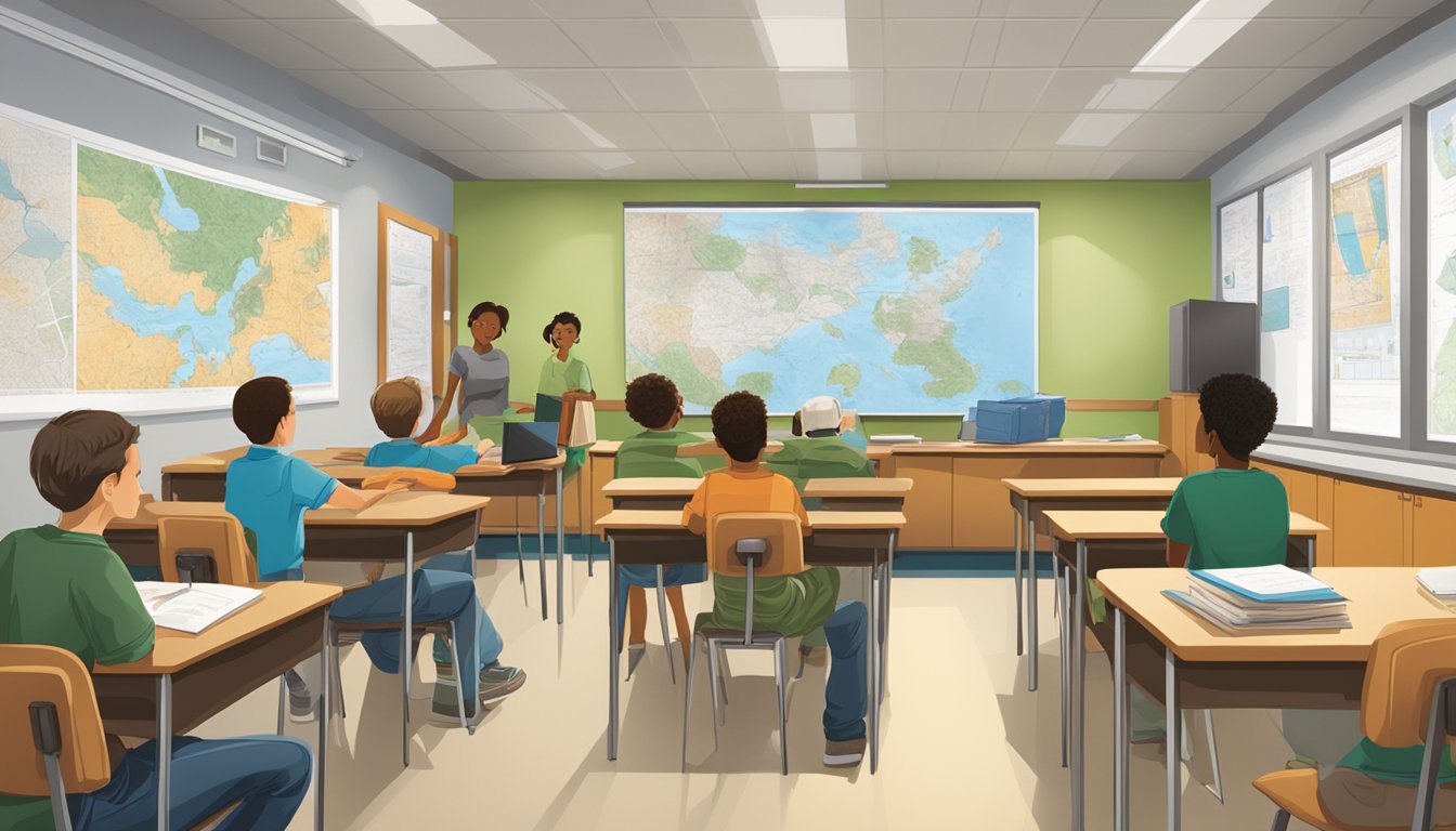 A group of students in a classroom learning about hunting laws and regulations in the District of Columbia. Maps and educational materials are displayed on the walls