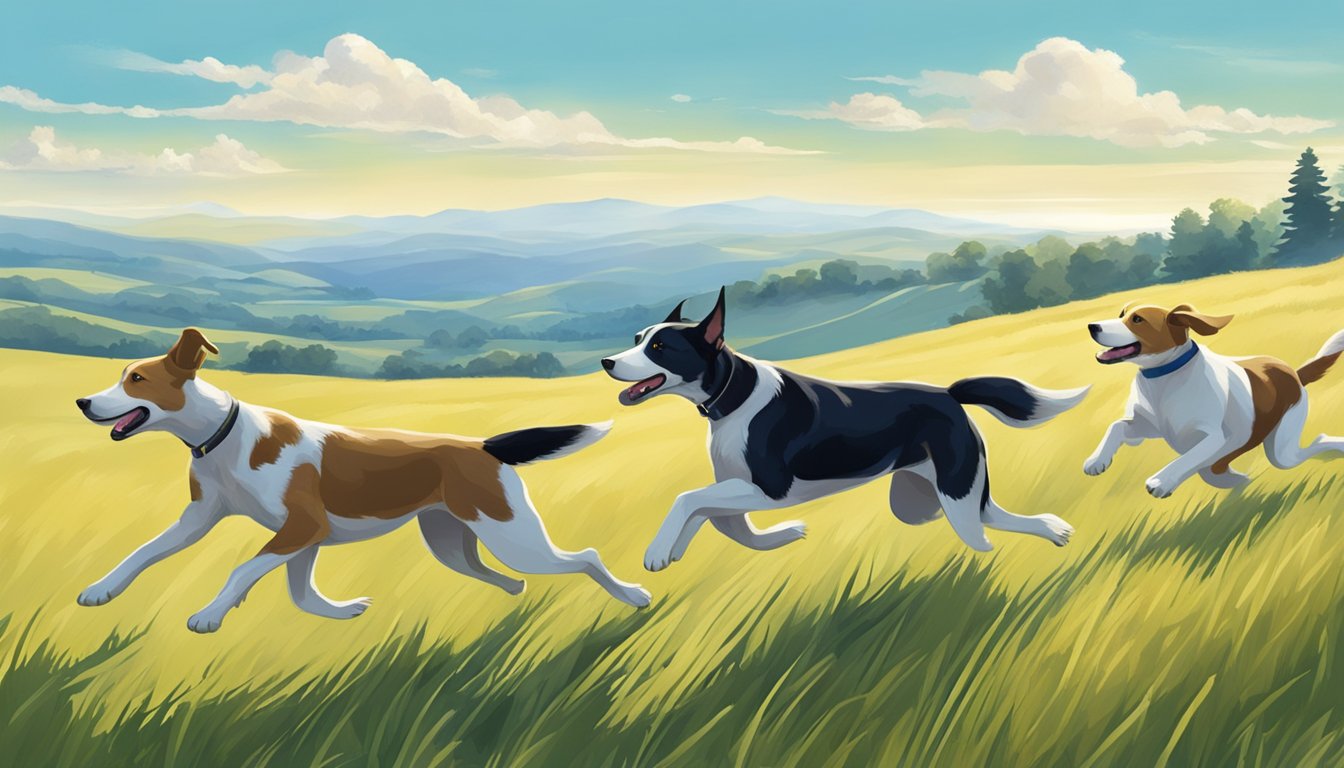 Dogs running through open grassland, sniffing the ground, with a vast blue sky and rolling hills in the background