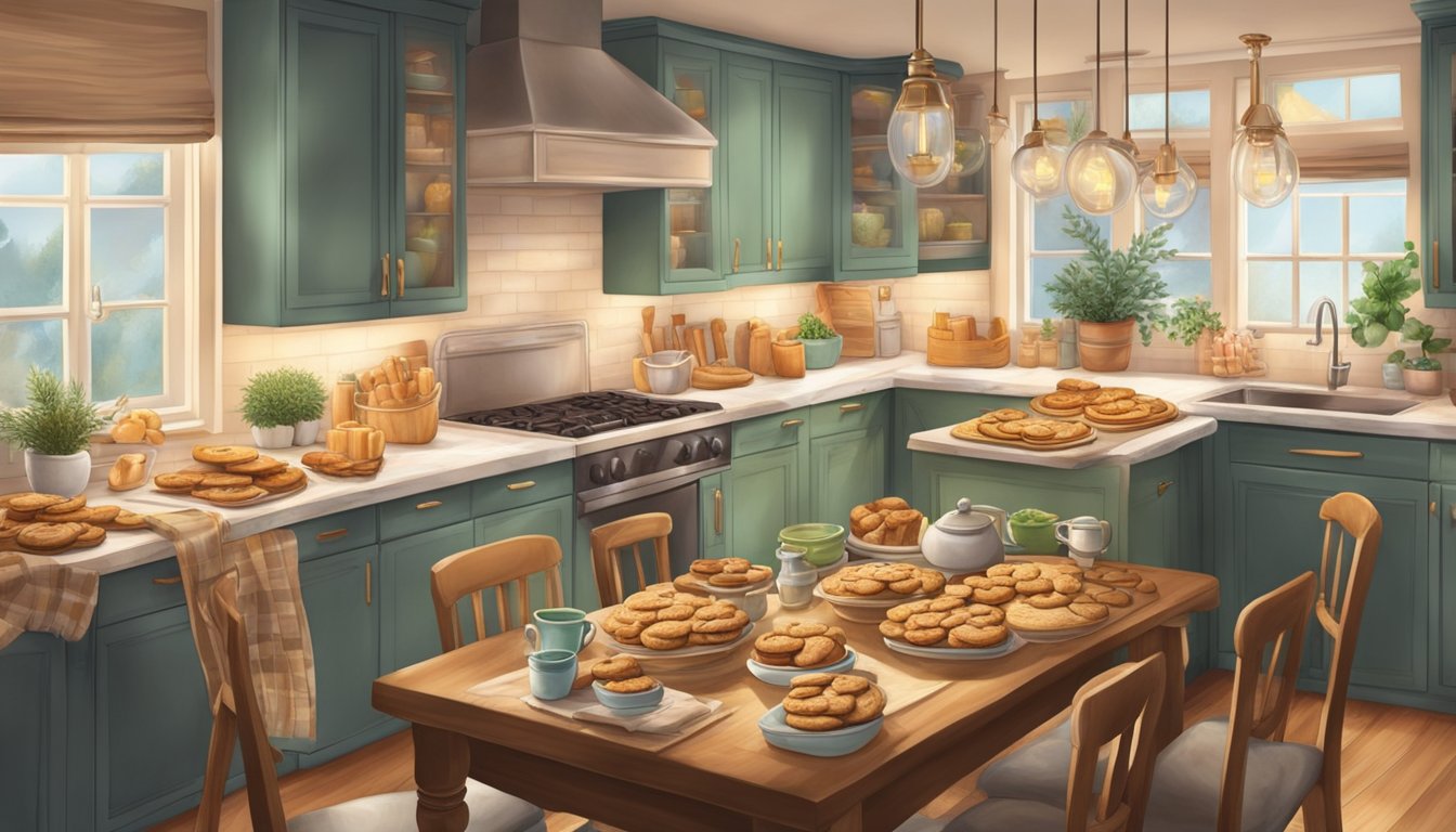 A cozy kitchen filled with the aroma of freshly baked cookies, a festive table adorned with homemade treats, and a family gathered around, sharing laughter and joy