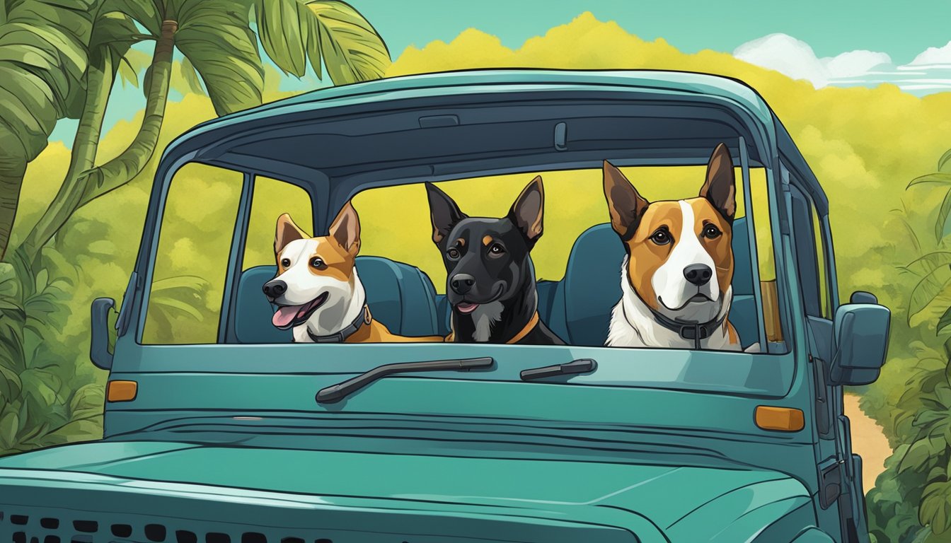 Rescue dogs being transported in a vehicle through the lush landscape of Puerto Rico, with a group of dogs eagerly looking out the windows