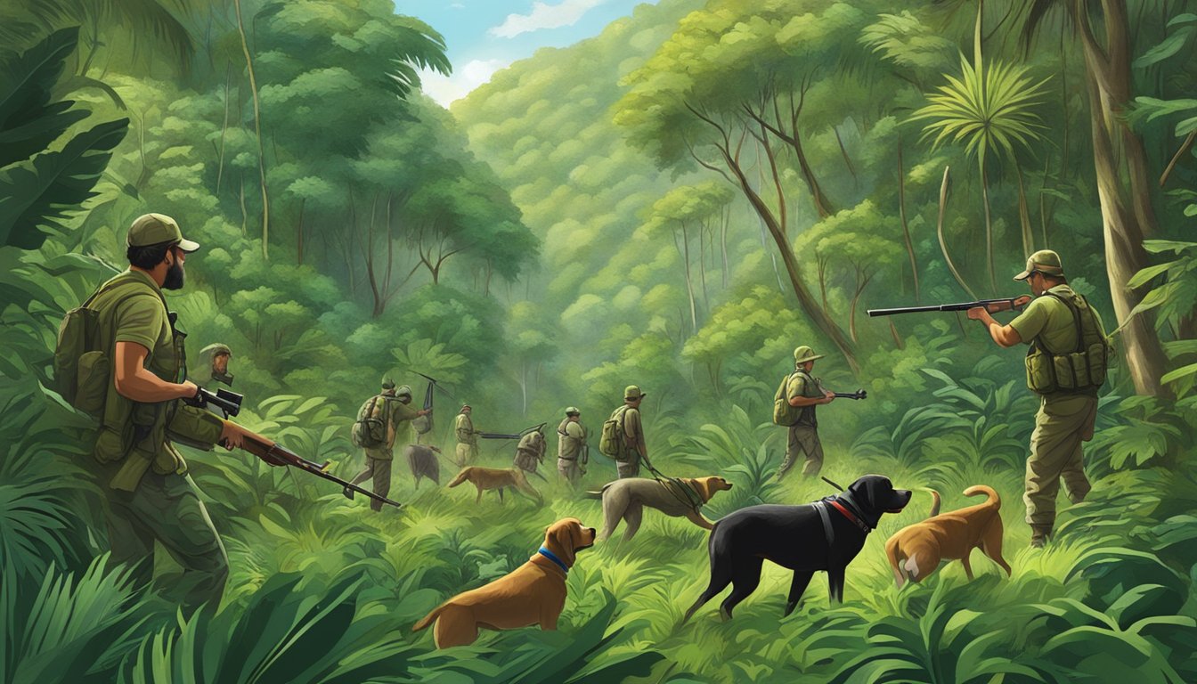 Dogs and hunters combing through lush Puerto Rican forest in search of game