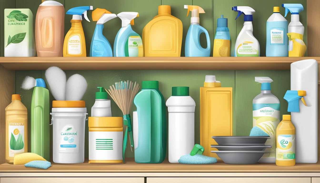 A cluttered kitchen cabinet with traditional cleaners spilling out, contrasting with a neatly organized shelf displaying eco-friendly cleaning products