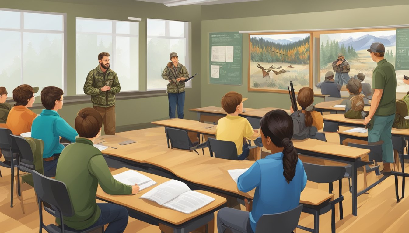 A hunter education class in session, with instructors and students engaged in learning and discussion. Wildlife posters and hunting gear displayed in the background