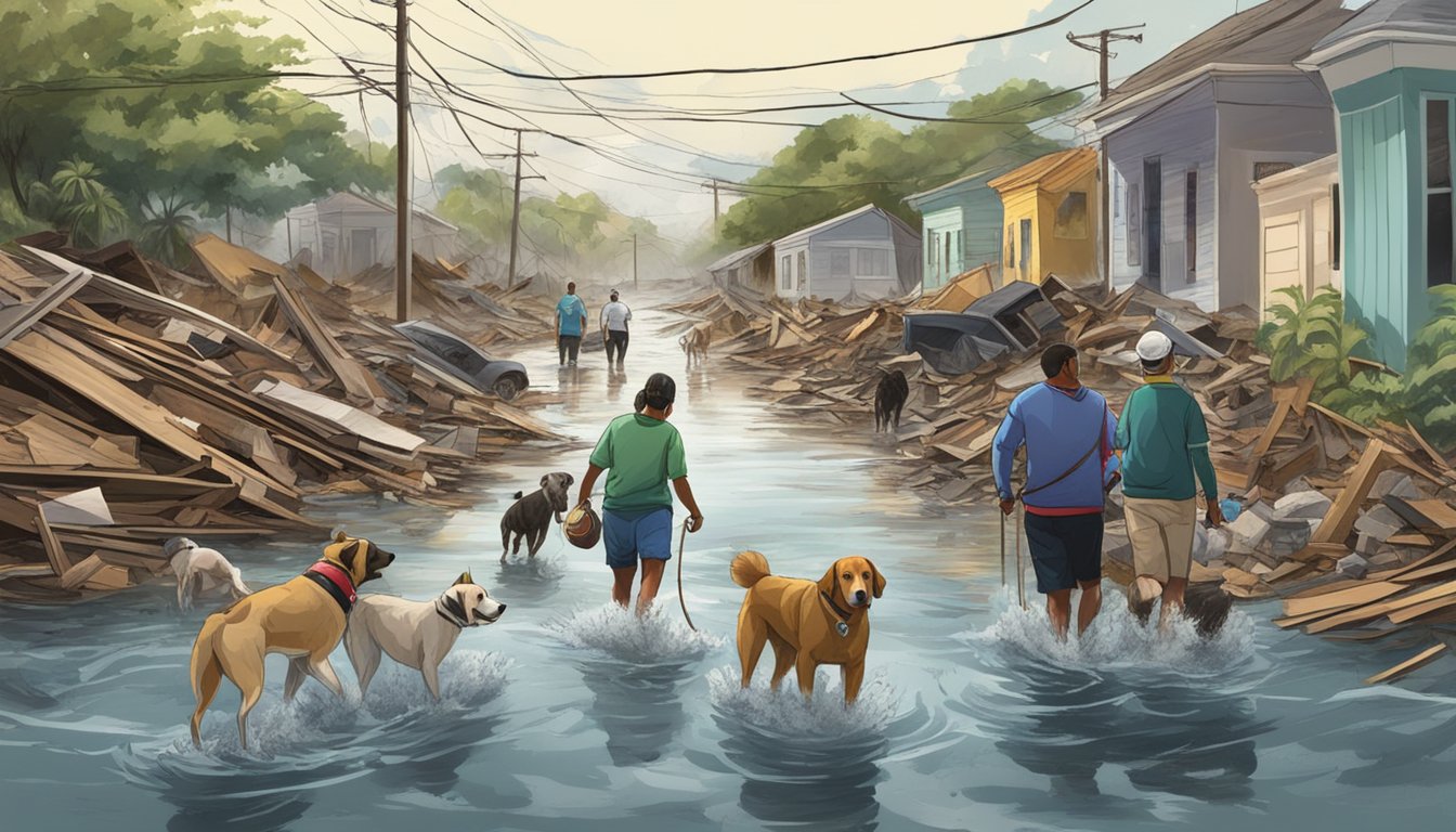 Dogs and their owners navigating through debris and flooded areas in the aftermath of a natural disaster in Puerto Rico