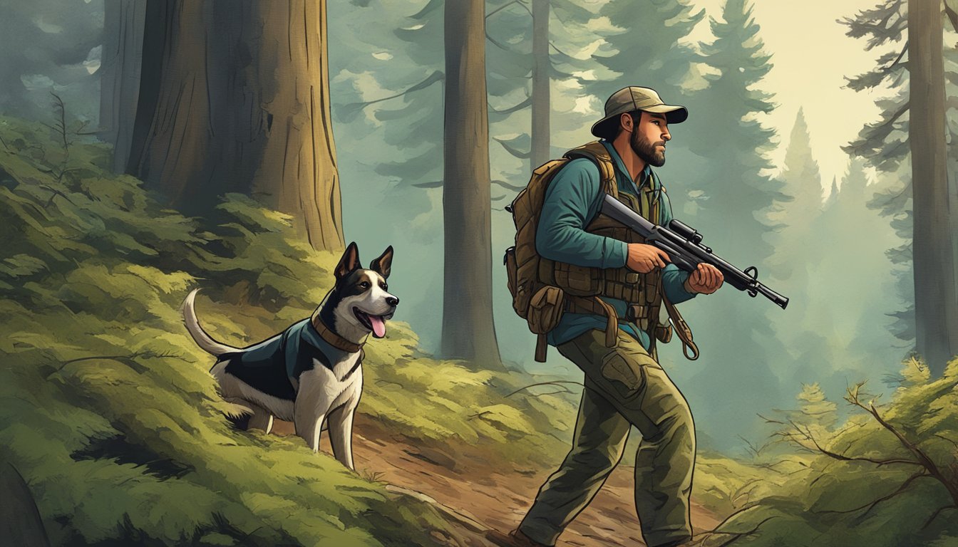 A hunter and their dog tracking through a dense forest in Oregon, with the hunter carrying a rifle and the dog eagerly sniffing the ground