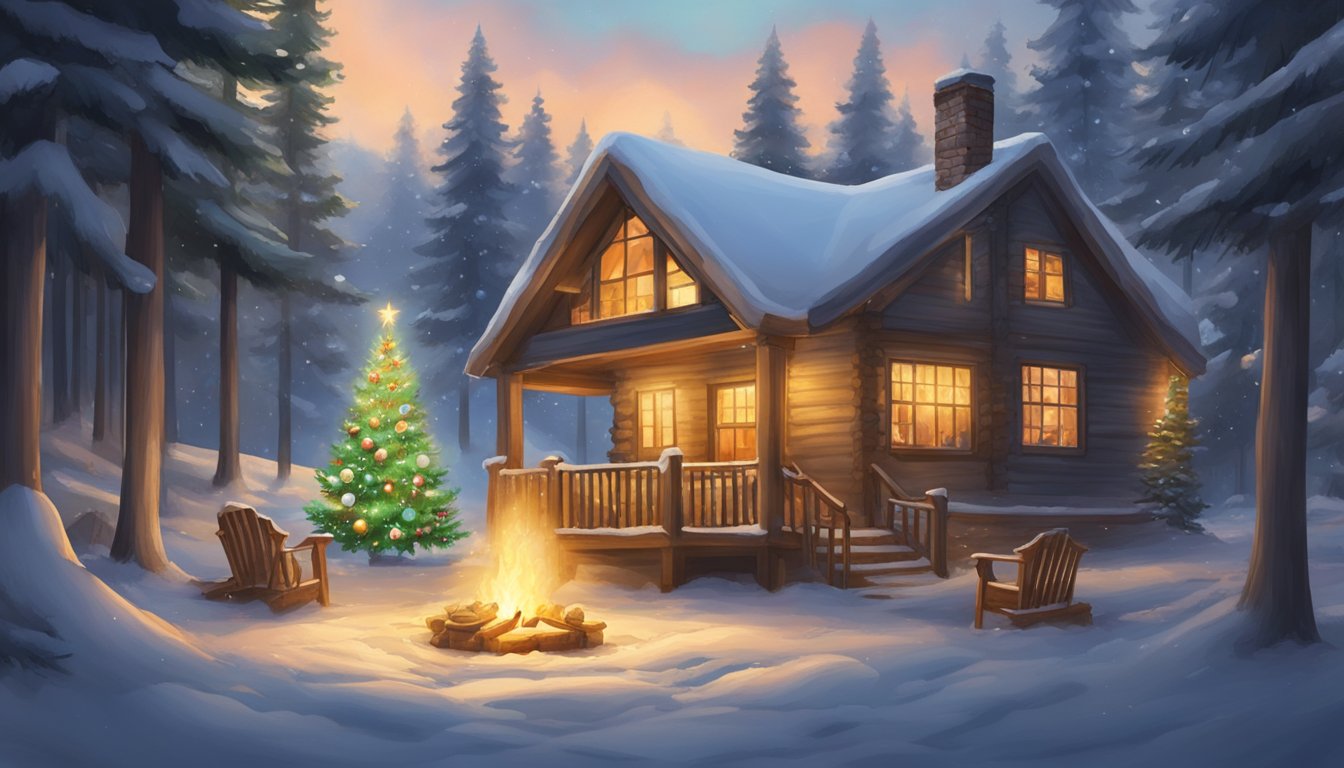 A cozy cabin nestled in a snowy forest, with a warm fire burning and a family decorating a Christmas tree with homemade ornaments