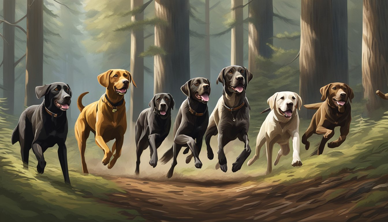 A pack of hunting dogs, including Labrador Retrievers and German Shorthaired Pointers, running through the dense Oregon forest, noses to the ground