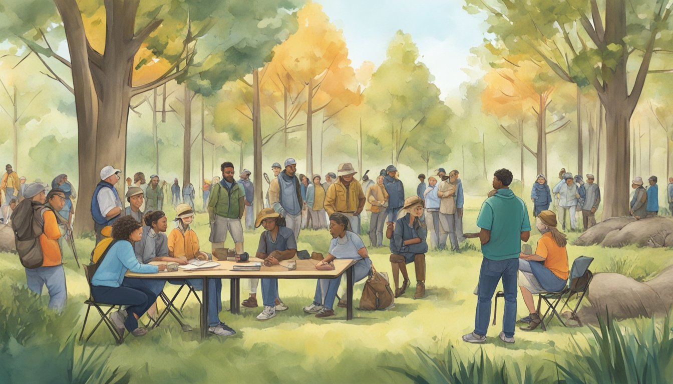 A group of people gather in a park, surrounded by trees and wildlife, engaging in a hunter education program. Nearby, alumni from the program share their experiences with the community